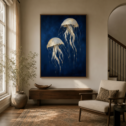 Luminous gold jellyfish deep sea canvas painting hanging in a bright hallway entryway with arched doorway