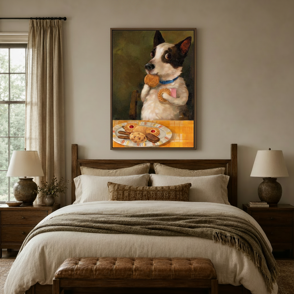 Whimsical dog portrait canvas wall art hung above a neutral-toned bedroom headboard