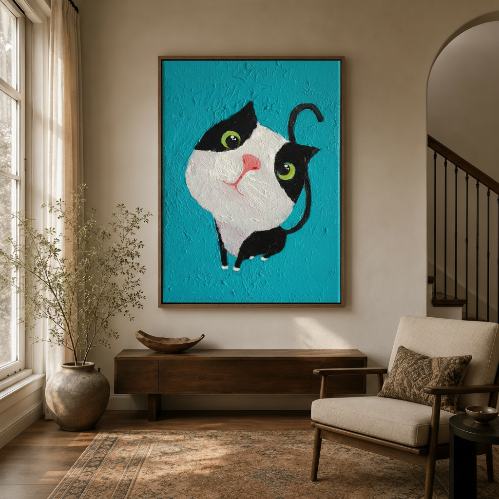  Framed tuxedo cat canvas print hanging in a neutral-toned entryway with staircase