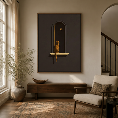 Golden cat watching crescent moon painting hanging in a bright hallway entryway with arched doorway