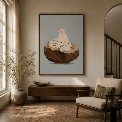 Quirky cat baked potato wall art in dark walnut floater frame hanging in a bright entryway hallway