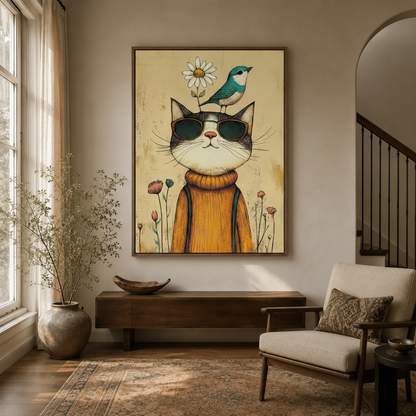 Vintage illustration cat wall art displayed in a cozy entryway with dark wood console and terracotta vase