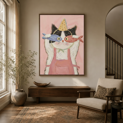 Funny cat wall art in dark walnut float frame hanging in cozy entryway with arched doorway and natural wood accents