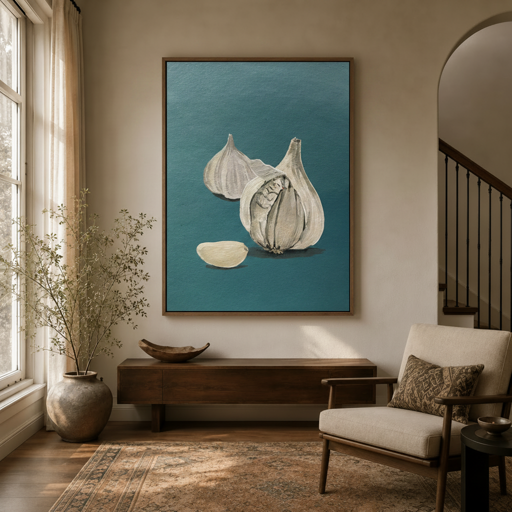 Impasto garlic wall art in dark walnut float frame displayed in neutral entryway with arched doorway
