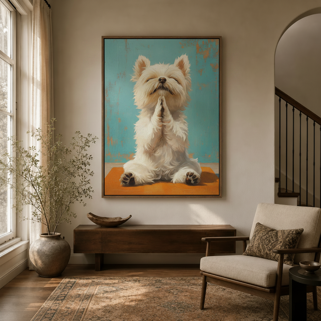 Whimsical meditating dog canvas art in dark walnut float frame hanging in elegant entryway