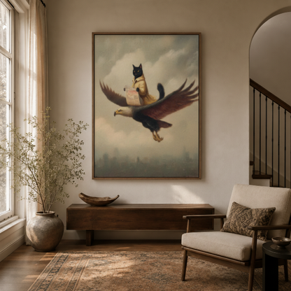 Squirrel riding eagle surreal canvas wall art in entryway – funny classical oil painting with squirrel on eagle as witty striking hallway statement piece by Aurewall