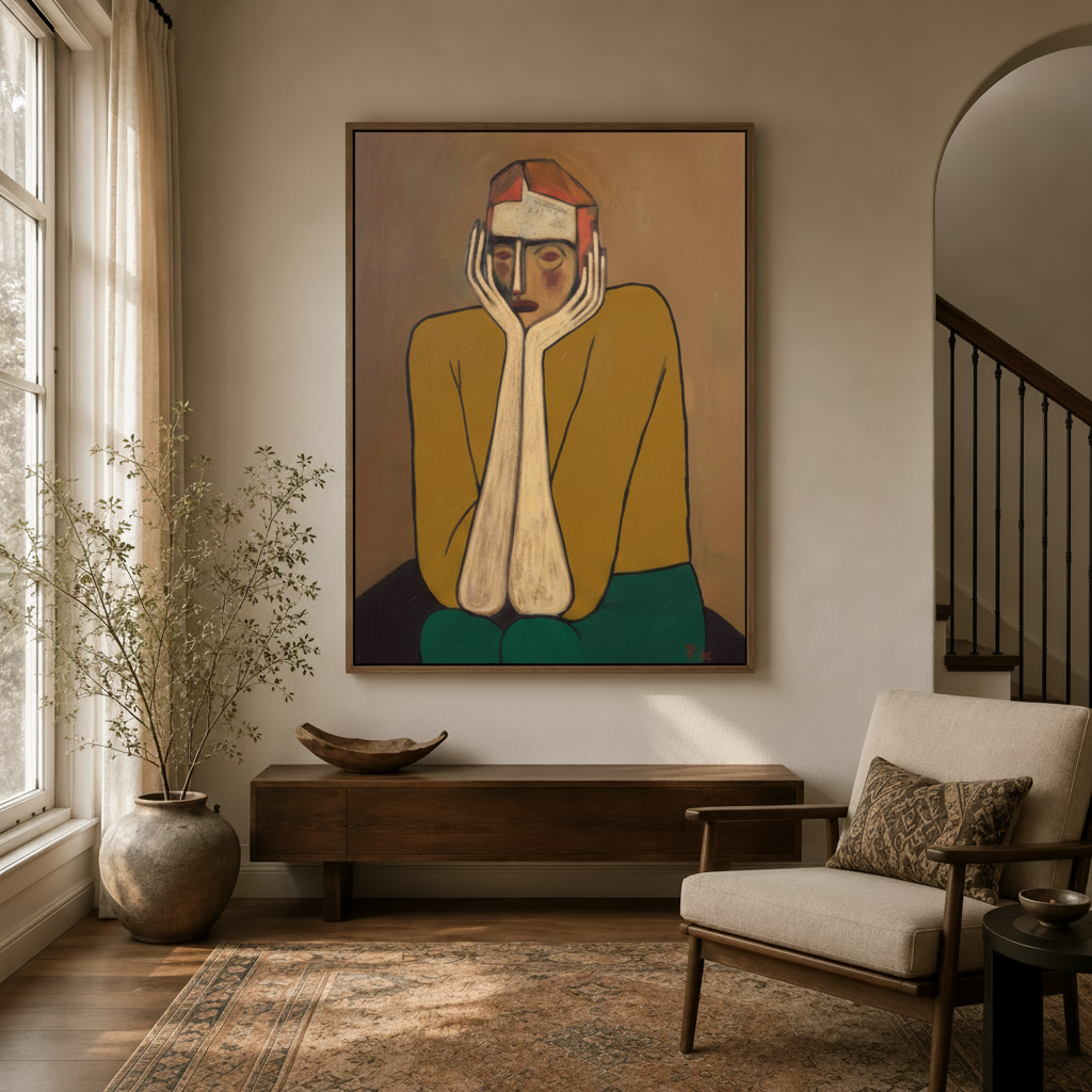 Bold figurative wall art with ochre and teal tones hanging in a neutral entryway with arched doorway