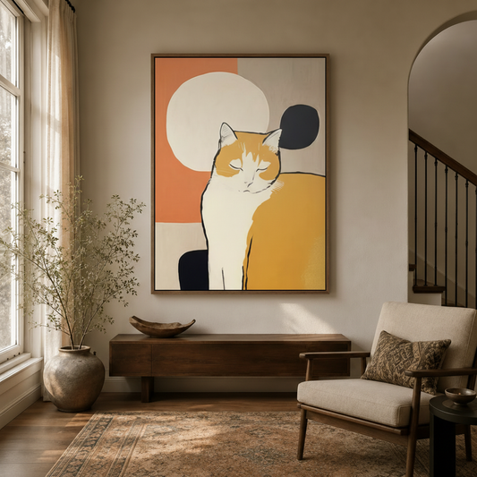 Matisse-inspired orange cat boho painting hanging in a bright hallway entryway with arched doorway
