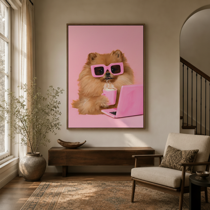 Cute dog canvas art with pink background hanging in a cozy entryway with arched doorway
