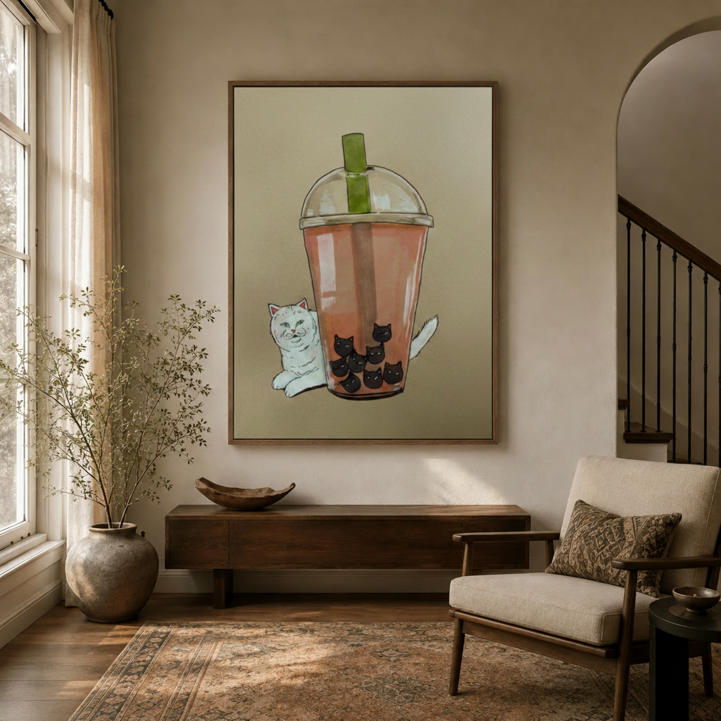 Cat bubble tea wall art in dark walnut floater frame hanging in a bright entryway hallway