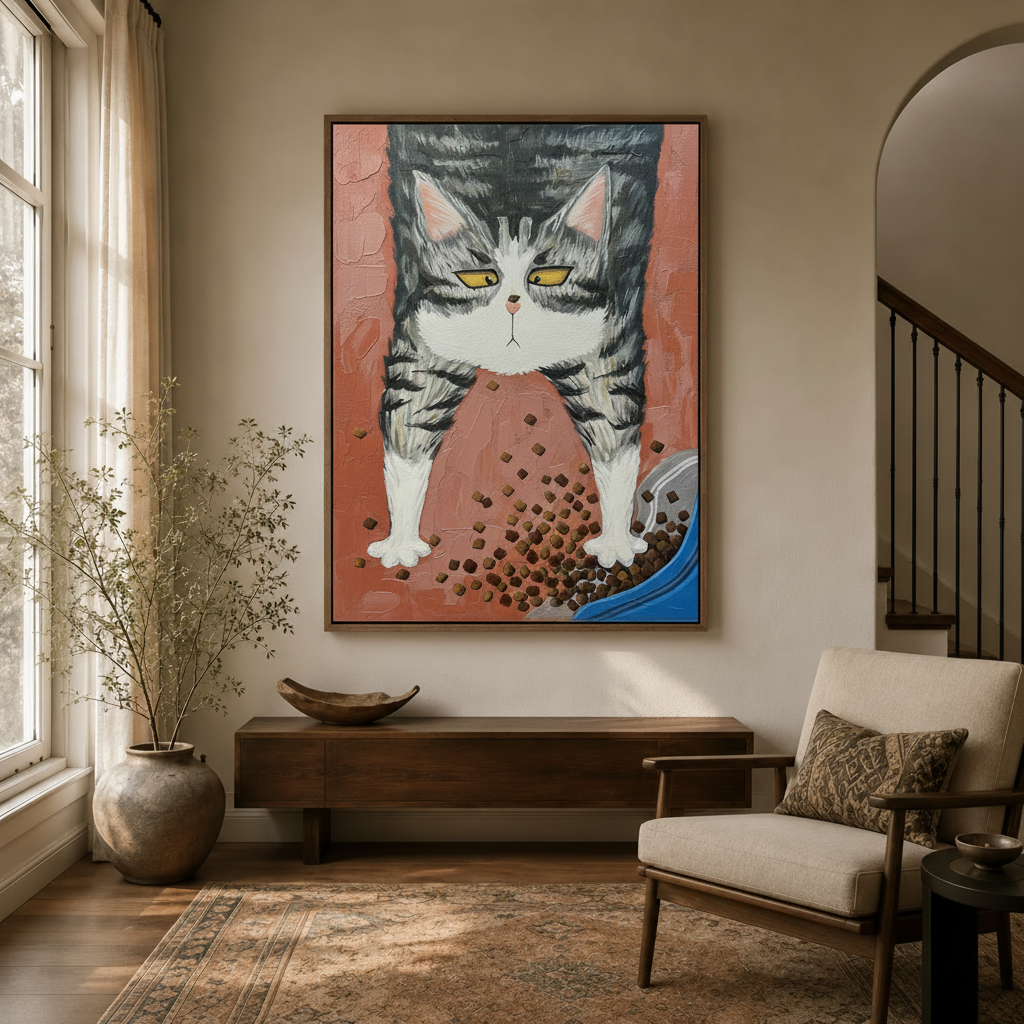 Funny cat kibble canvas wall art hanging in modern farmhouse entryway with arched doorway and linen chair