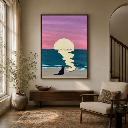 Romantic moonlit beach cat wall art hanging in a bright entryway with arched doorway