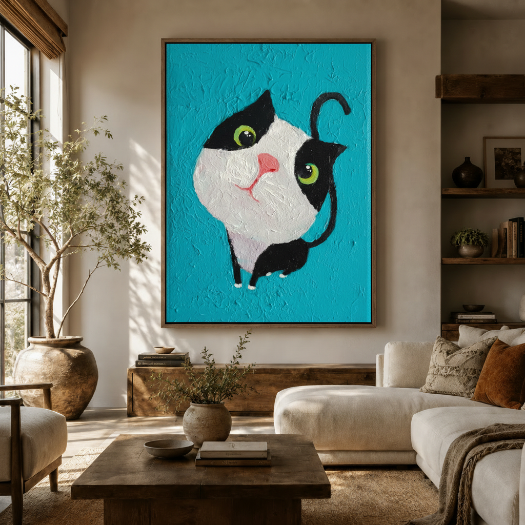 Tuxedo cat impasto oil painting displayed in a warm living room above a wooden sofa