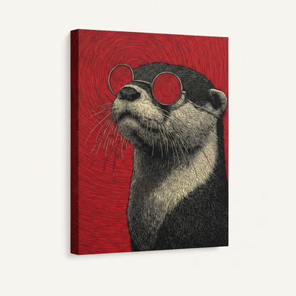 Stretched canvas otter print in woodcut style with bold red swirl background, side angle view