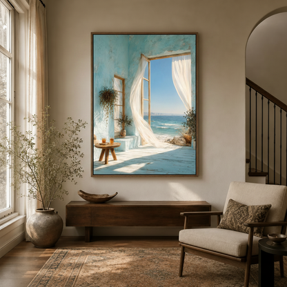 Coastal blue stucco window painting hanging in a cozy entryway with arched doorway and dried branch decor