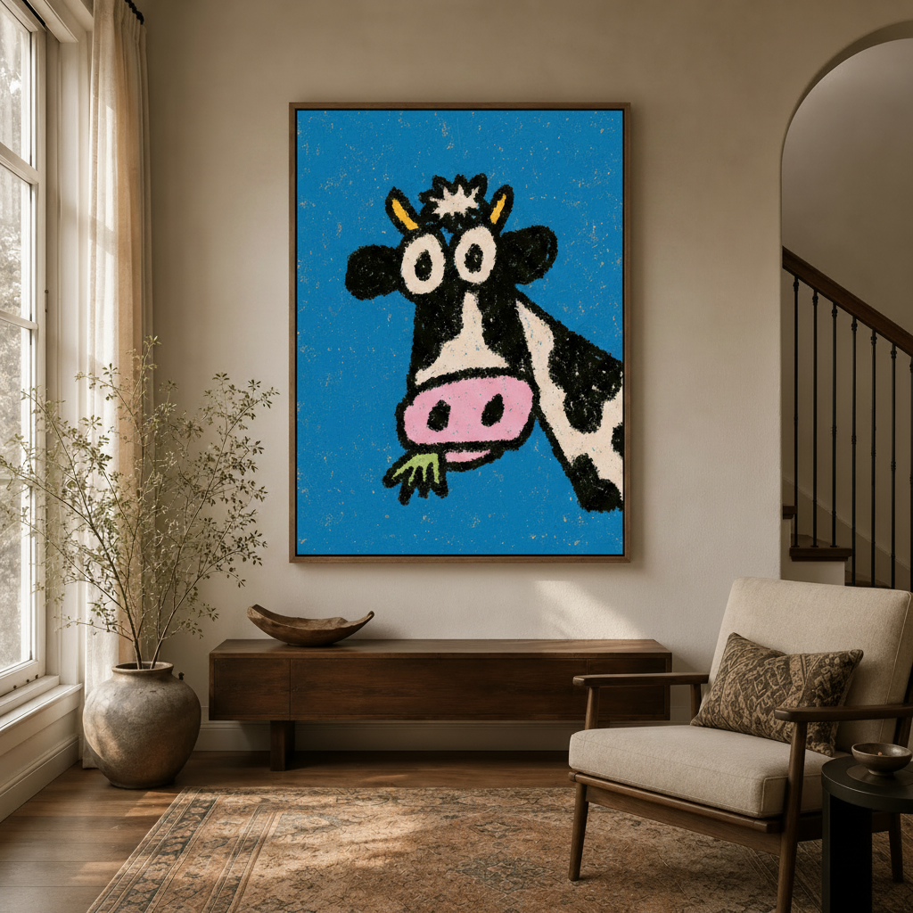 Bold black and white cow chalk art canvas in float frame displayed in bright entryway with arched doorway