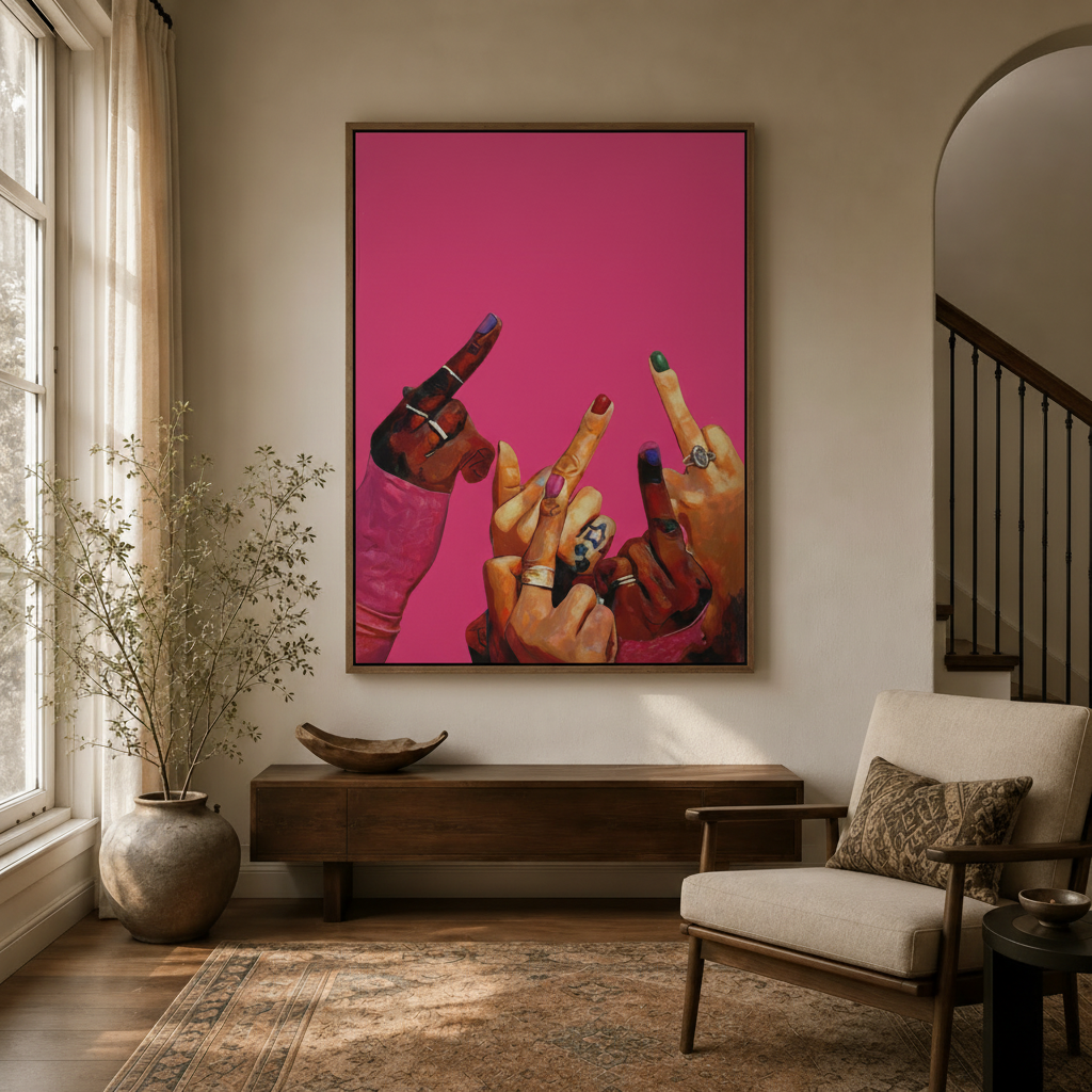 Bold magenta hands wall art in dark walnut float frame hanging in neutral entryway with arched doorway