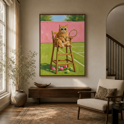 Funny orange cat umpire wall art hanging in a cozy entryway with arched doorway and dried branch decor