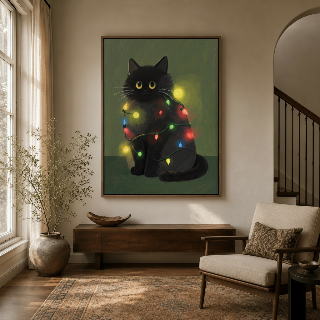Funny black cat wrapped in glowing lights wall art in dark walnut float frame hanging in a cozy entryway