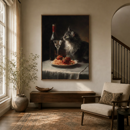 Moody cat spaghetti still life wall art in dark walnut floater frame in a warm entryway with large window