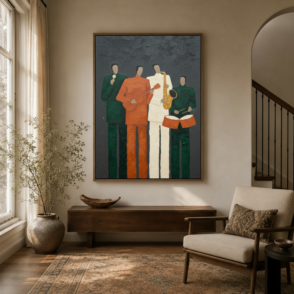 Bold musicians wall art in dark walnut float frame hung in modern entryway hallway