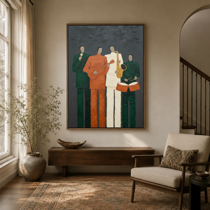 Bold musicians wall art in dark walnut float frame hung in modern entryway hallway