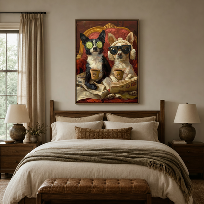 Whimsical pampered dogs portrait canvas wall art hung above a dark wood bed in a warm neutral bedroom