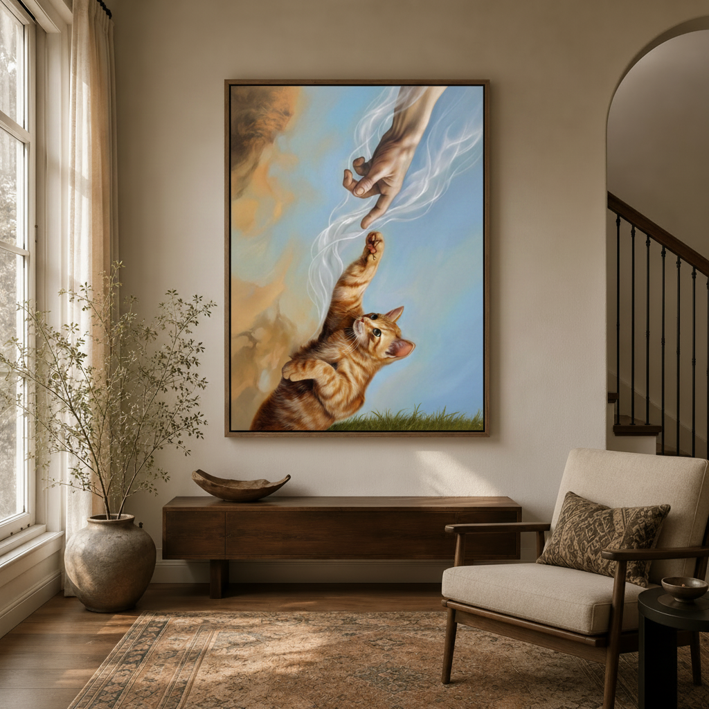 Renaissance parody cat wall art displayed in a cozy entryway with arched doorway and console