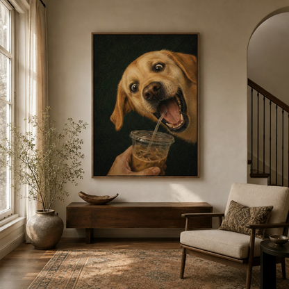 Funny dog stealing iced coffee wall art hanging in a bright transitional entryway with arched doorway