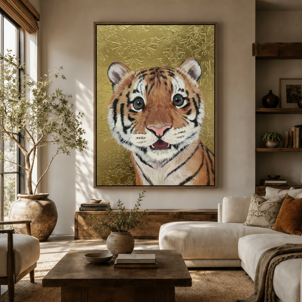 Tiger cub gold damask canvas print hanging in a warm boho living room above a rustic wooden sideboard