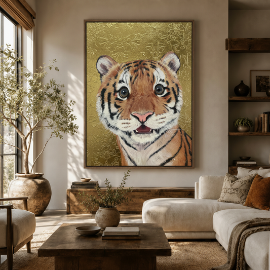 Tiger cub gold damask canvas print hanging in a warm boho living room above a rustic wooden sideboard