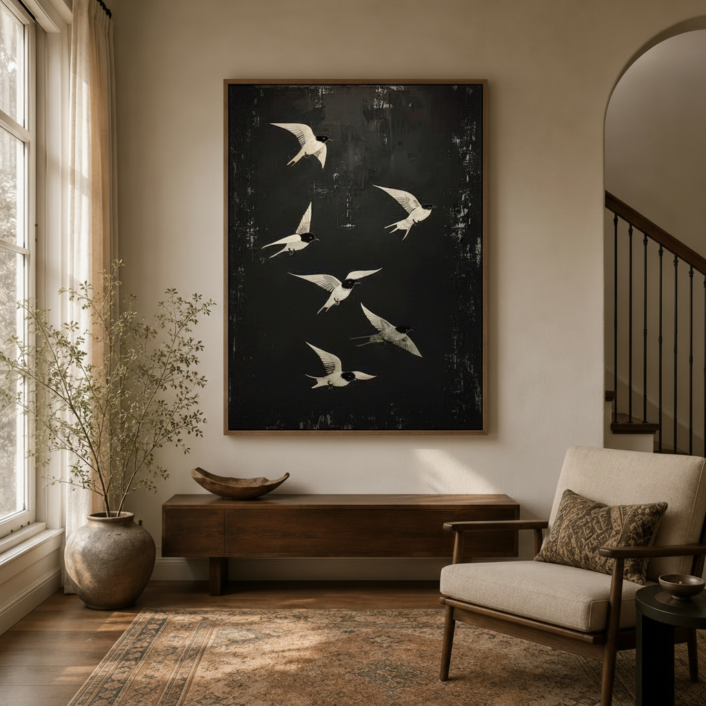 Framed flying swallows wall art in a warm entryway with staircase, terracotta vase and dried branches