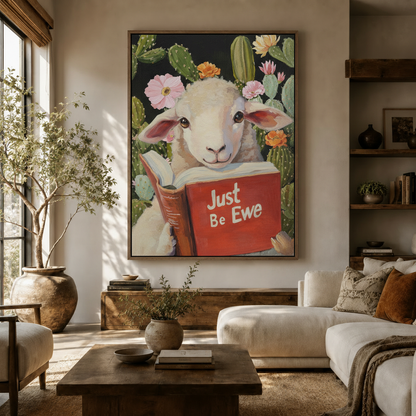 Just Be Ewe lamb oil painting canvas print hanging in a warm living room above a wooden sideboard