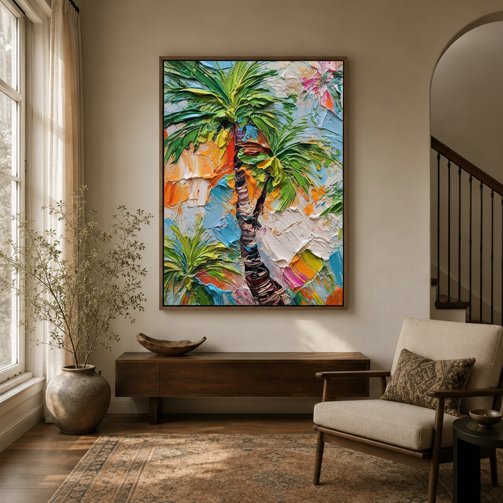 Colorful palette knife palm tree framed canvas hanging in bright entryway with staircase