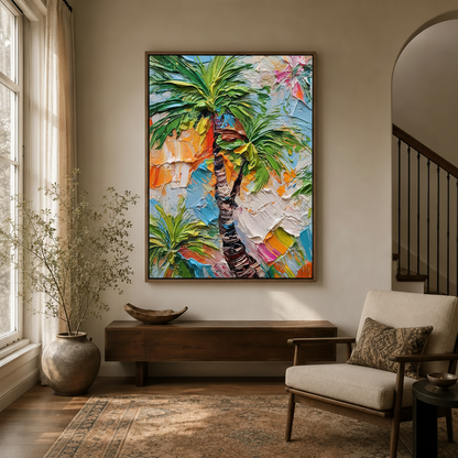 Colorful palette knife palm tree framed canvas hanging in bright entryway with staircase