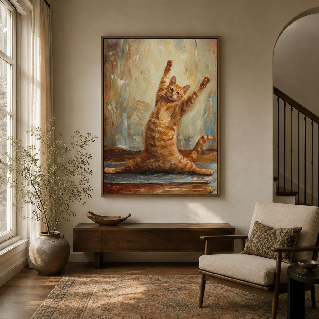 Funny orange tabby yoga cat wall art framed canvas hanging in bright modern entryway