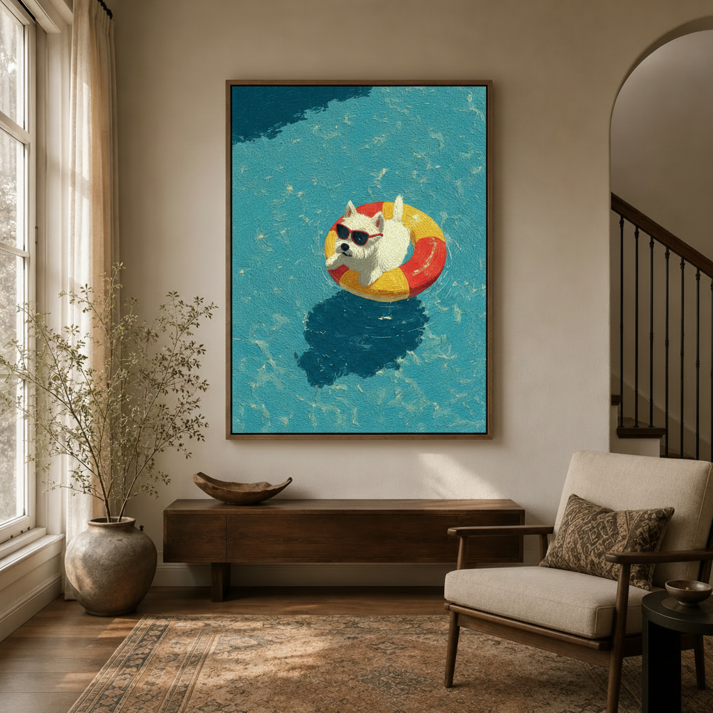 White dog on pool float canvas art in float frame hanging in cozy entryway hallway