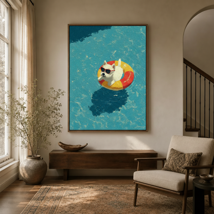 White dog on pool float canvas art in float frame hanging in cozy entryway hallway