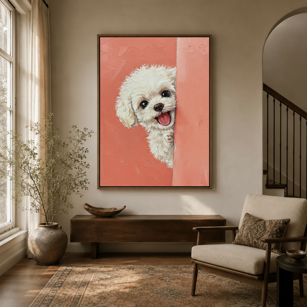 Funny white poodle peeking around wall corner canvas print in a bright modern entryway