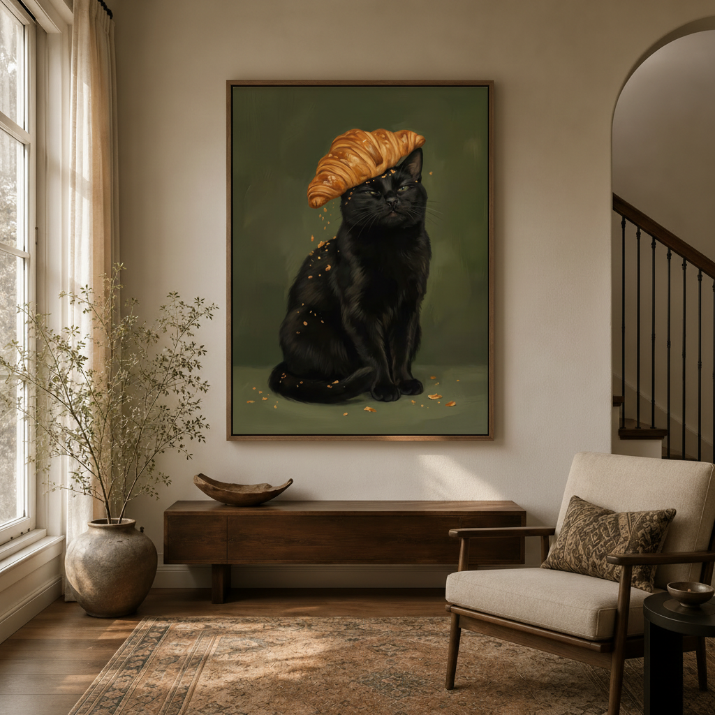 Humorous classical portrait black cat wall art hanging in an entryway with walnut console