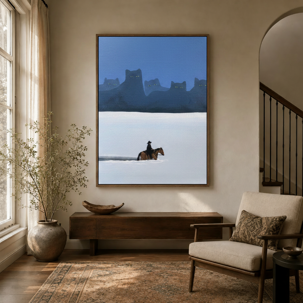 Moody cat mountain cowboy wall art in dark walnut floater frame in a warm entryway with large window and branches