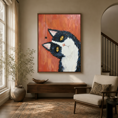 Funny tuxedo cat watching spider canvas wall art hanging in modern farmhouse entryway with arched doorway