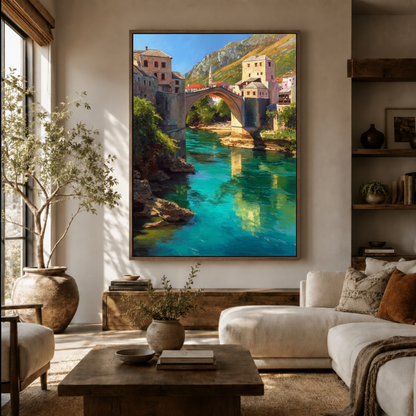 European river town canvas wall art in living room – realist oil painting with turquoise river and stone buildings displayed above sofa by Aurewall