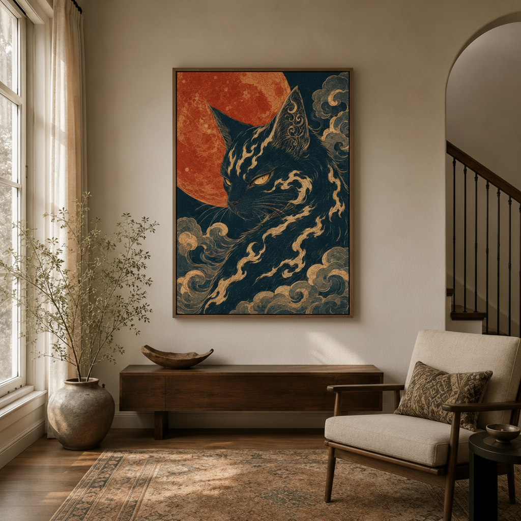Framed dark atmospheric black cat painting with red moon displayed in a bright entryway hallway