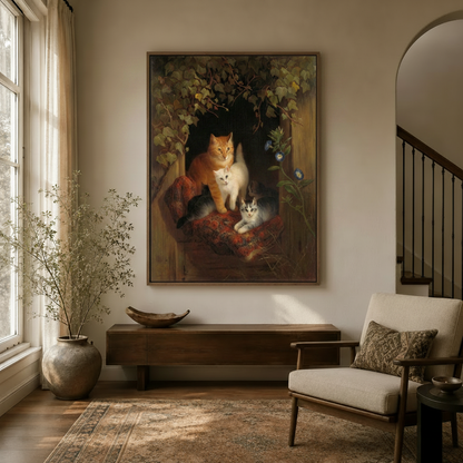 Vintage mother cat and kittens painting in a bright entryway – cottagecore canvas wall art by Aurewall