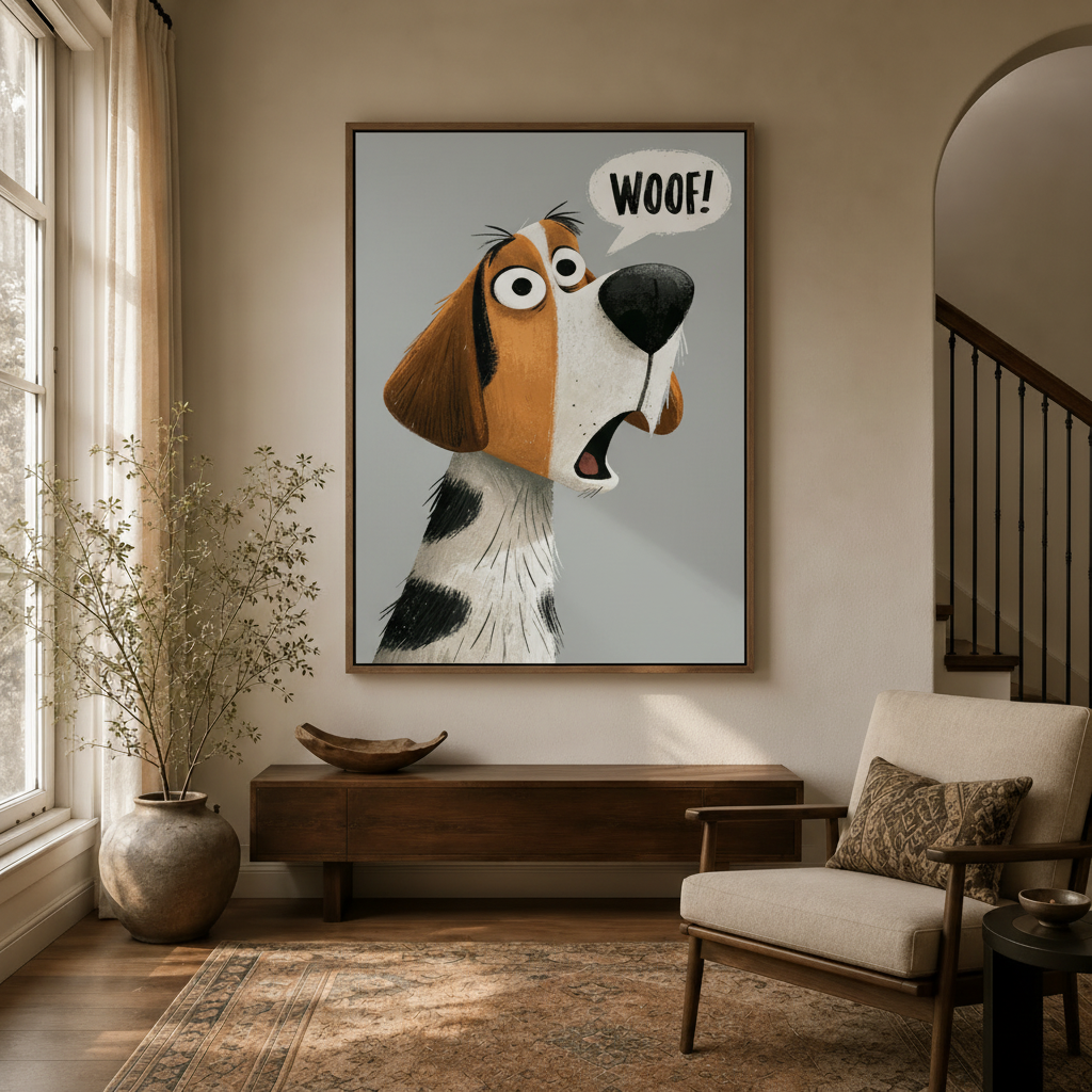 WOOF dog canvas wall art in a cozy entryway with dark wood console, terracotta vase and dried branches
