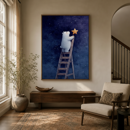 Storybook polar bear starry night canvas art in warm entryway hallway decor
