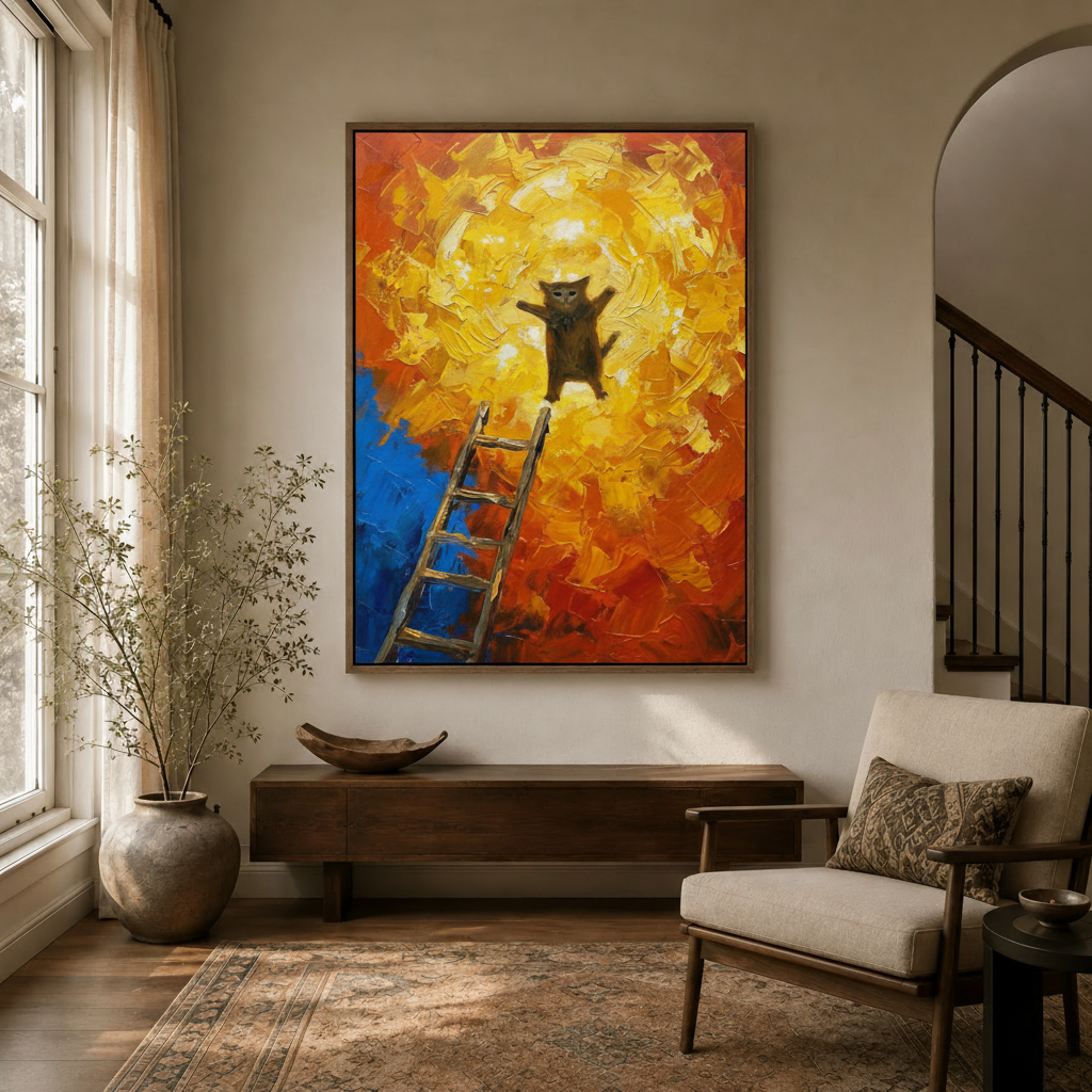 Bold cat leaping toward light impasto canvas in float frame, neutral entryway with arched doorway