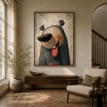 Folk art goofy bear portrait in dark walnut float frame hung in a dark wood entryway