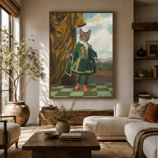 Dapper cat portrait canvas wall art in living room – baroque oil painting with cat in velvet coat displayed as witty elegant statement piece above sofa by Aurewall